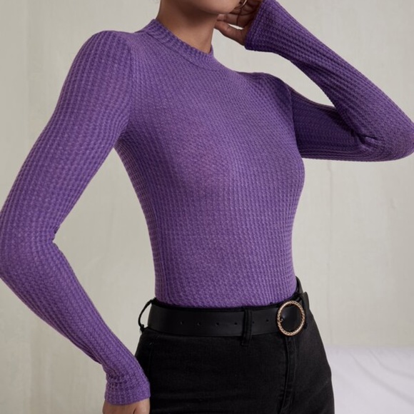 Mustard Yellow Waffle Fitted Basic Mock Neck Top Minimalist - Picture 13 of 15